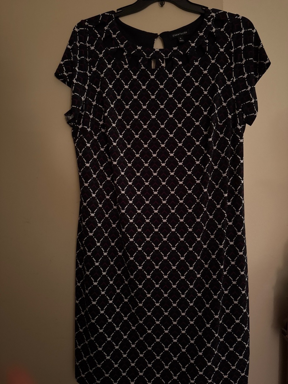 Black dress with white and purple diagonal pattern